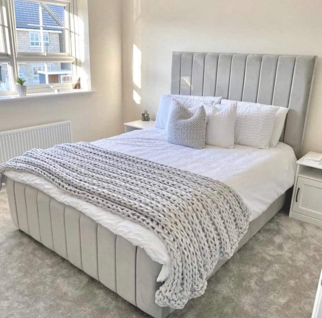 Sleigh Bed in Silver soft velvet with a 54 inch high headboard in panel style and a panel footboard named as Athens Bed in King size