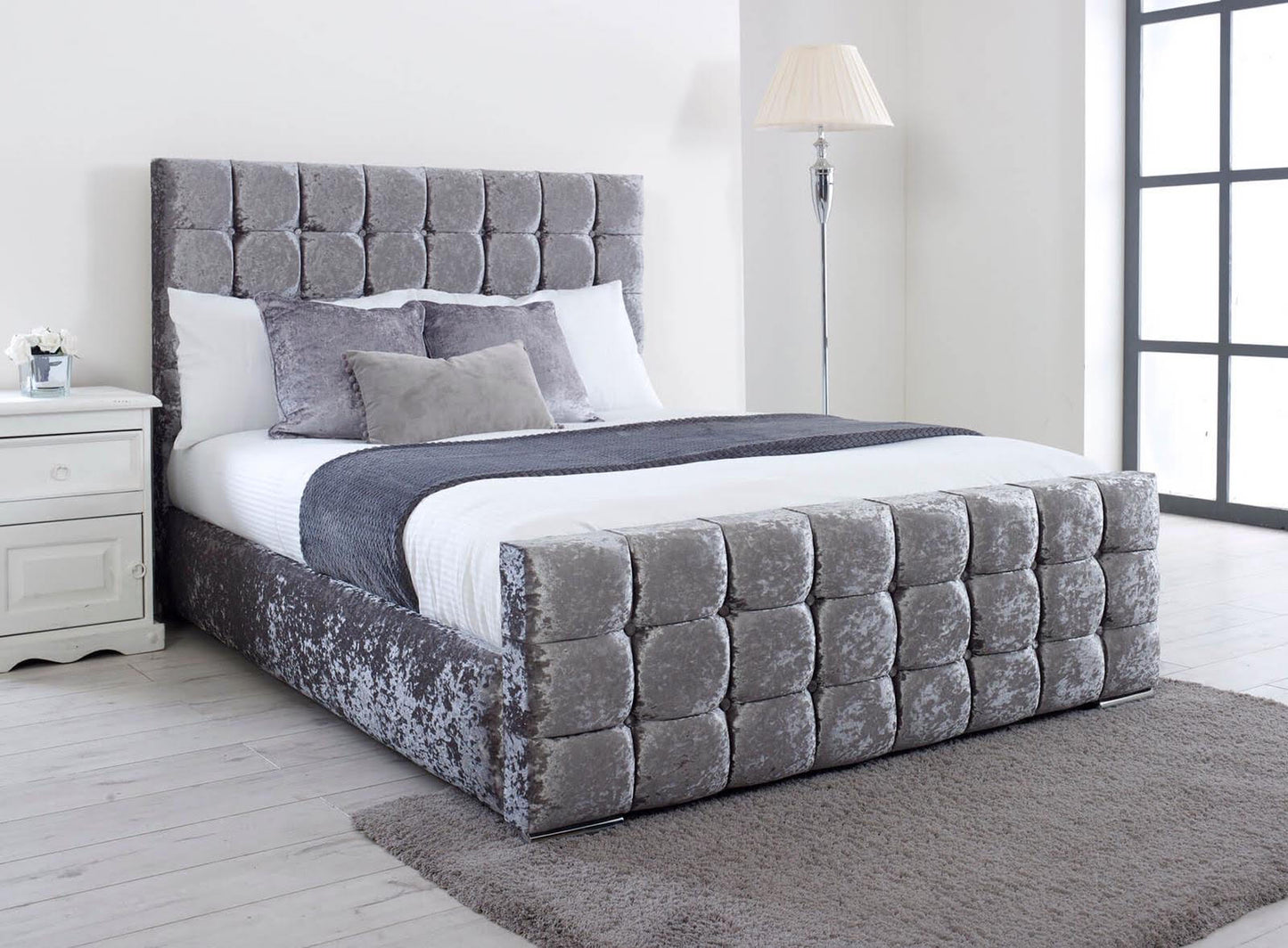 Sleigh Bed in Grey crushed velvet with a 47 inch high headboard in cube style and a similar design footend named as Budapest Bed in King size
