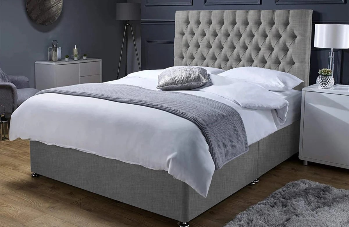 ''DIVAN BED IN A UK KING SIZE WITH 24 INCH CHESTERFIELD DESIGN HEADBOARD IN GREY COLOR AND 10'' MEMORY ORTHOPAEDIC MATTRESS