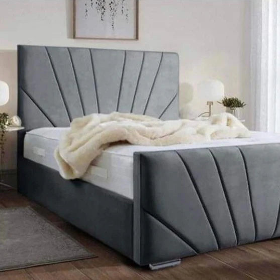 Sleigh Bed in Small Double Size with 47 inch high headboard in diagonal lines design and a smiliar footend in Grey soft velvet