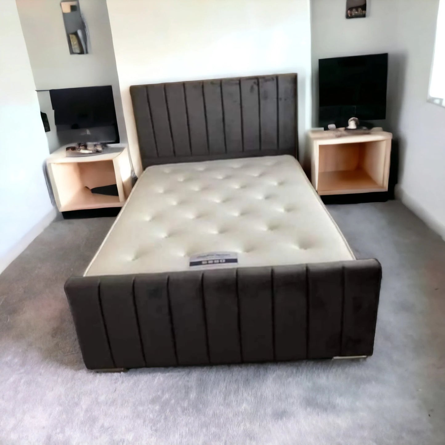 Sleigh Bed in Dark Grey soft velvet with a 54 inch high headboard in panel style and a panel footboard named as Athens Bed in King size